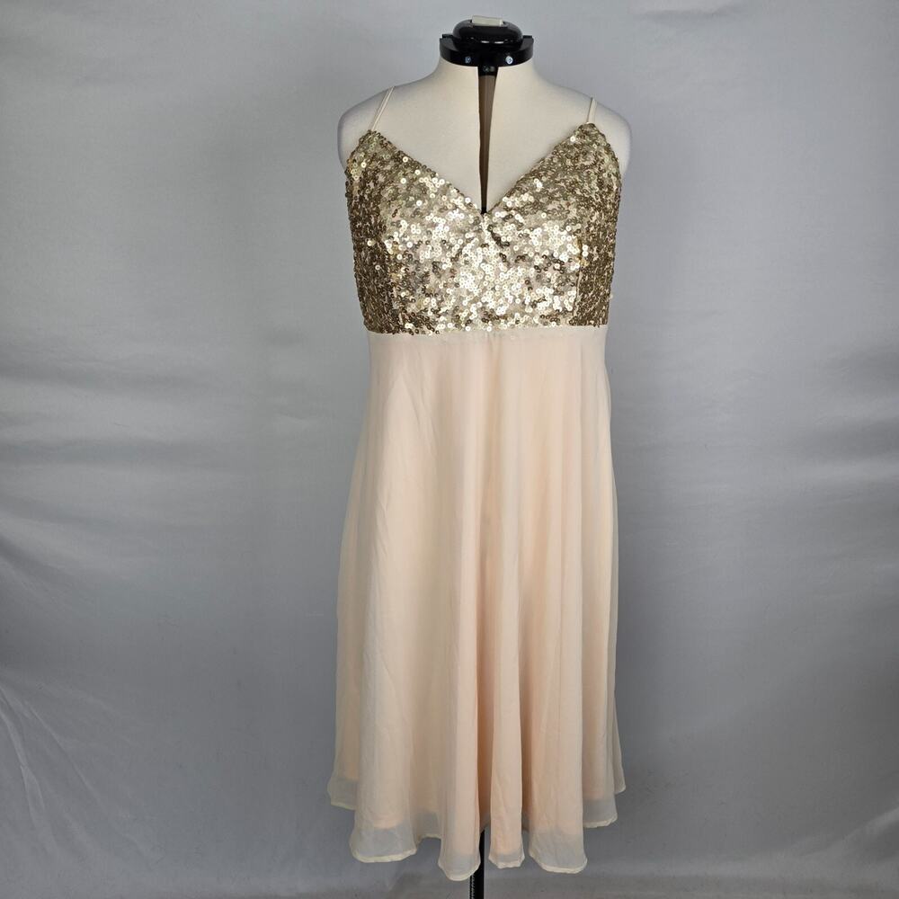 BooHoo Dress Women's 14 Pink Gold Sequins Midi Spaghetti Strap Ruffled Party NWT